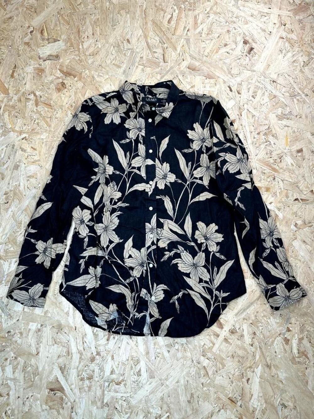 Lauren Ralph Lauren Linen Shirt Womens Medium Black Beige Floral Button Up Top